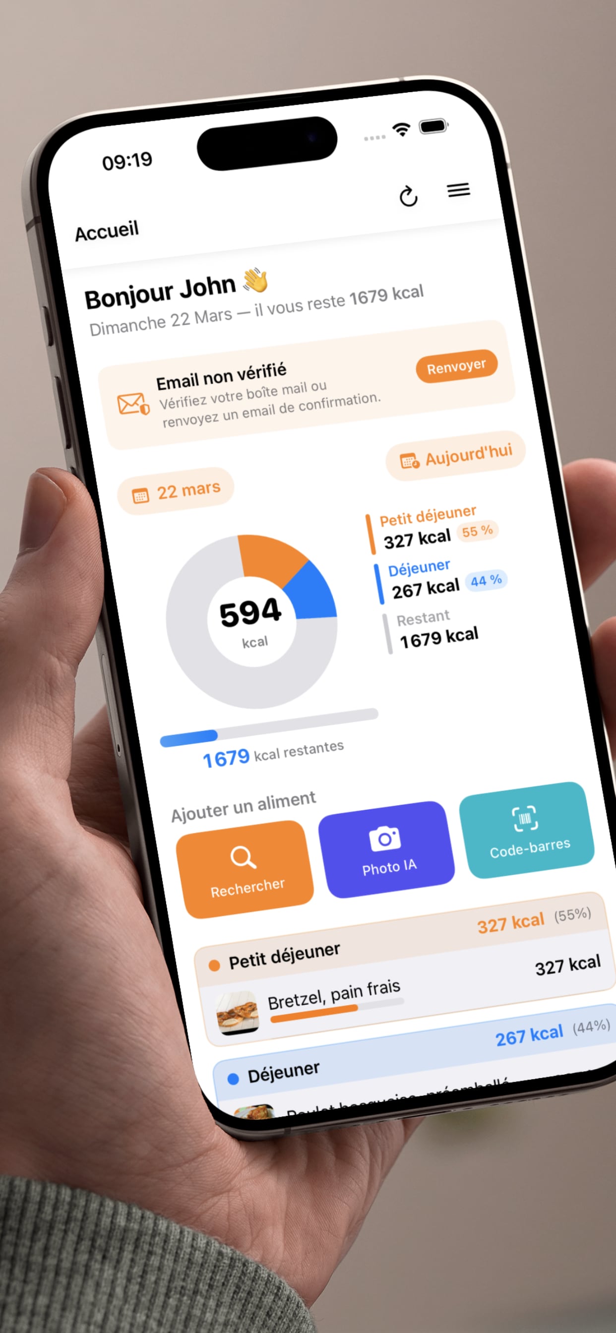 Écran accueil MesCalories